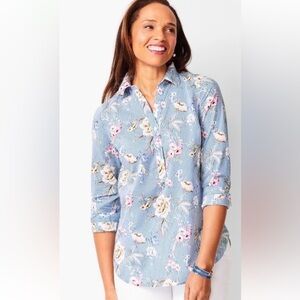 Talbots Blue Striped Floral Print Long Sleeve Popover Blouse Top Size Large